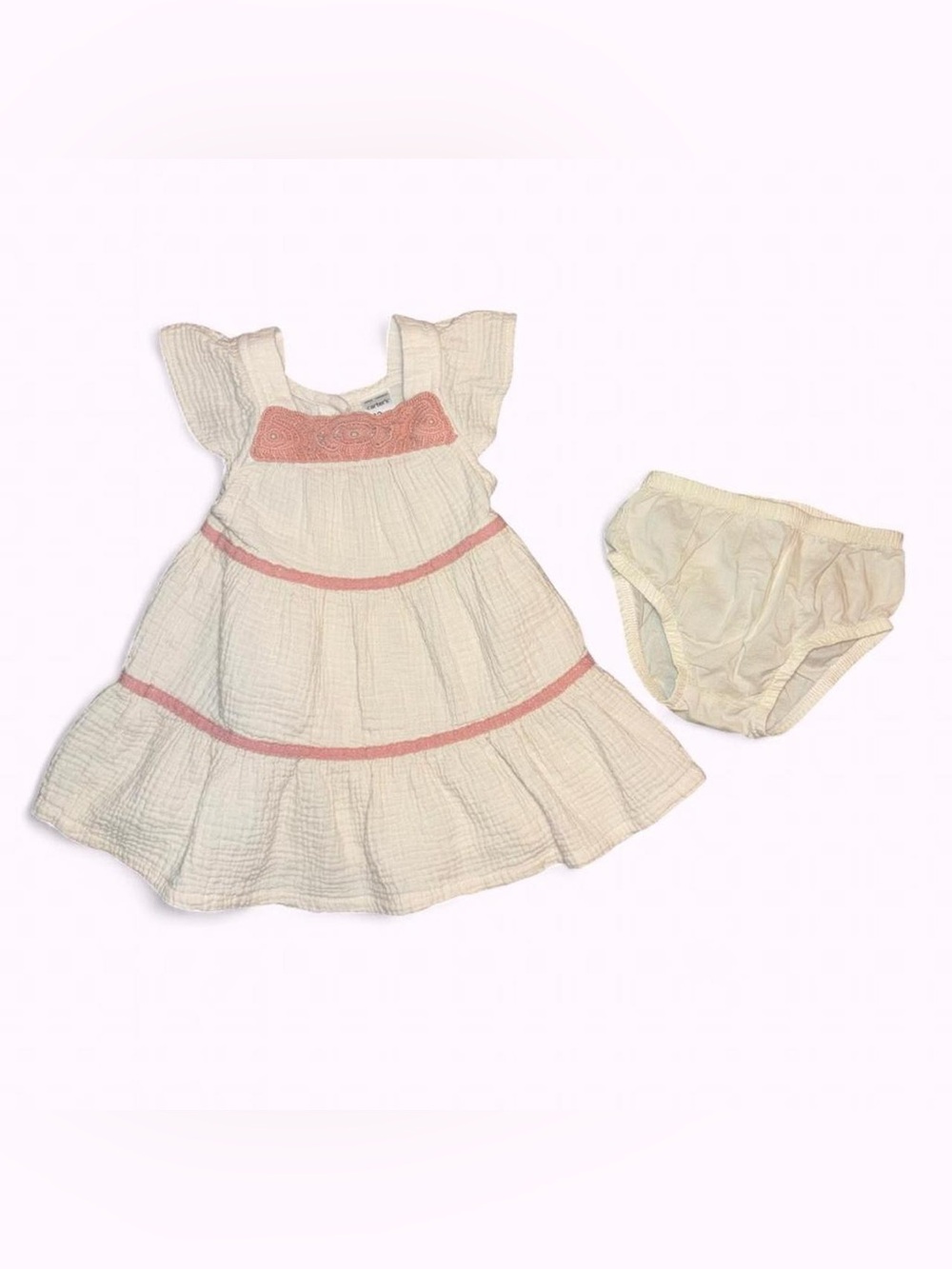 Carter's Cream Dress with Pink Crochet Trim and Matching Bloomers